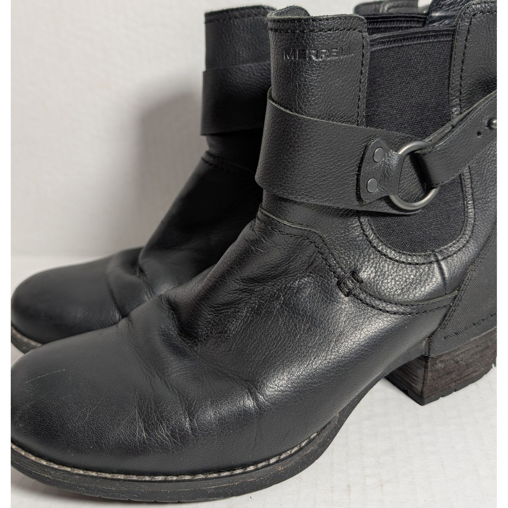 Merrell Women's Black Leather Ankle Boots Size 8 Harness Moto Chunky Heel